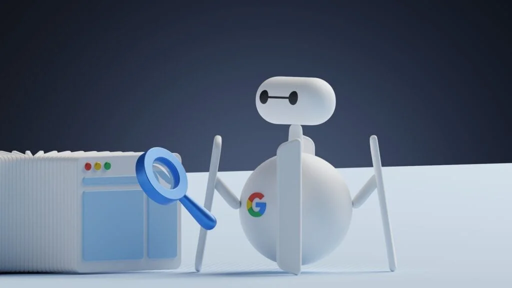 Cartoon de spider bot de google en proceso de indexado