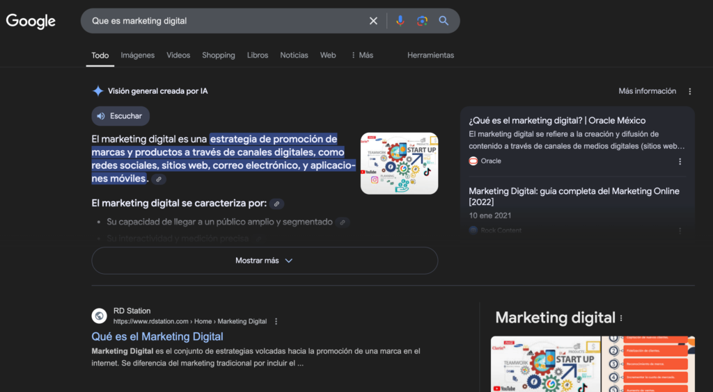 Interfaz de búsqueda de Google con inteligencia artificial