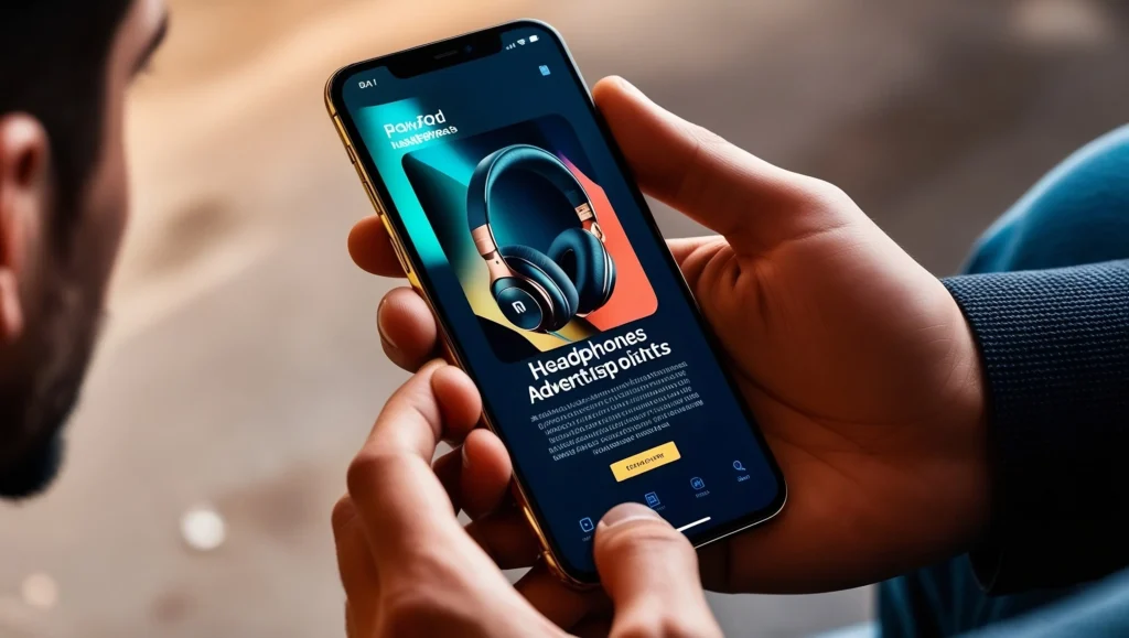 Pantalla de smartphone mostrando un anuncio de audifonos de una campaña de awareness de marketing digital