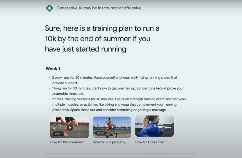 Ejemplo de sugerencia de un plan de entrenamiento hecho por Google SGE