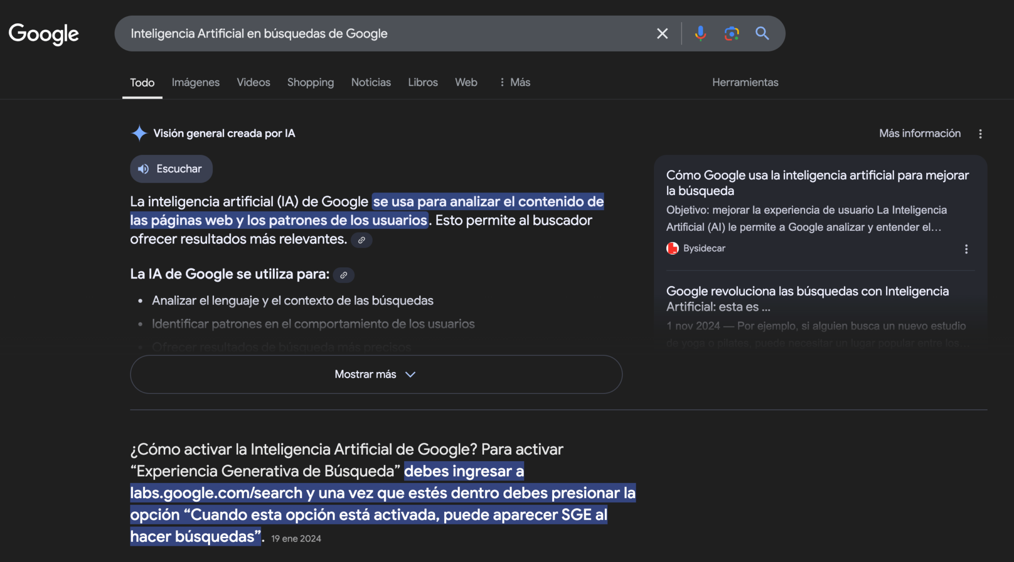 Interface de buscador Google con Inteligencia Artificial Integrada o Google SGE