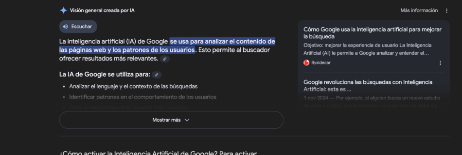 Interface de buscador Google con Inteligencia Artificial Integrada o Google SGE