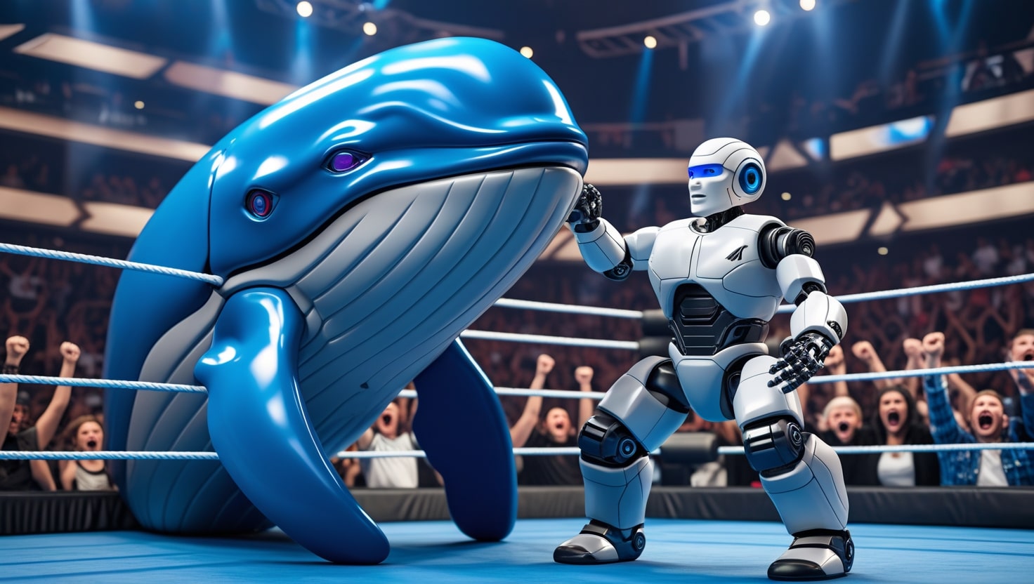 ballena robótica luchando contra un robot en un ring