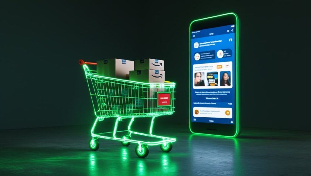 Carrito de compra frente a marketplace en la pantalla de un smartphone simbolizando ecommerce