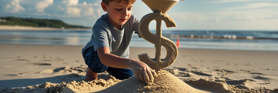 niño jugando con un embudo y arena en la playa representando un embudo de ventas