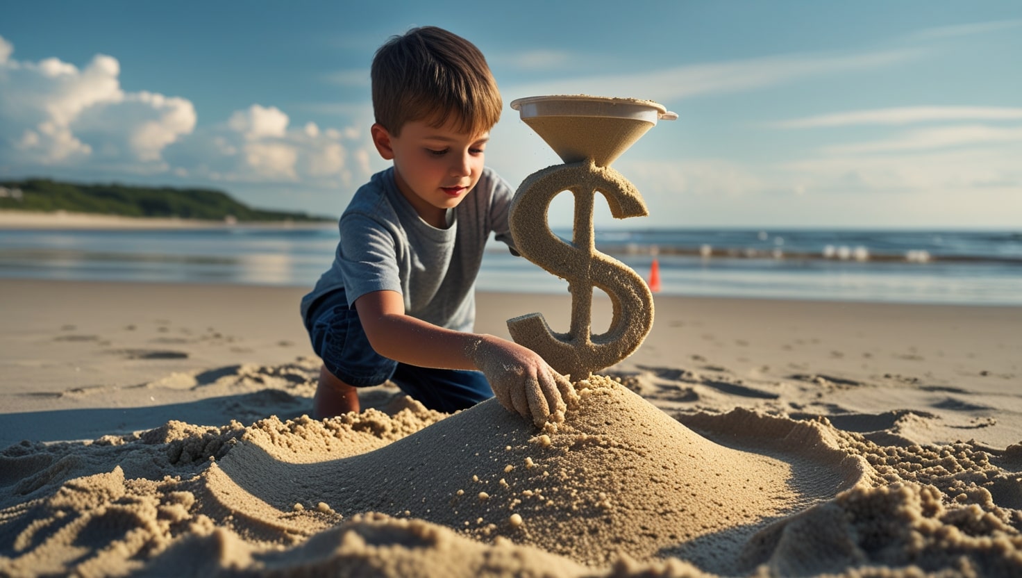 niño jugando con un embudo y arena en la playa representando un embudo de ventas