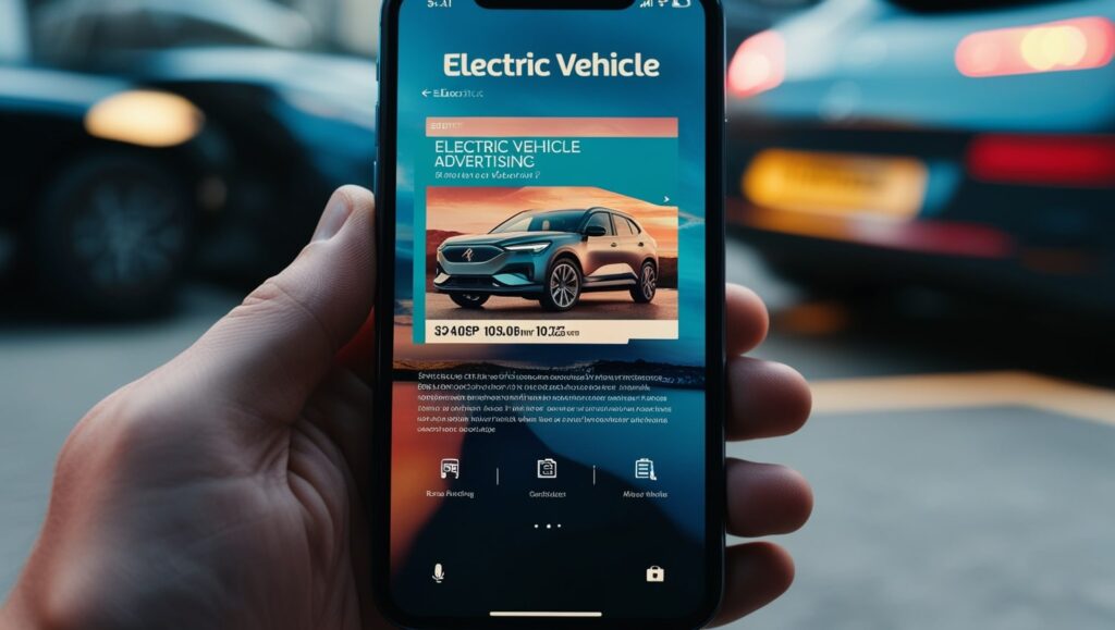 Anuncio digital de auto eléctrico en pantalla de smartphone