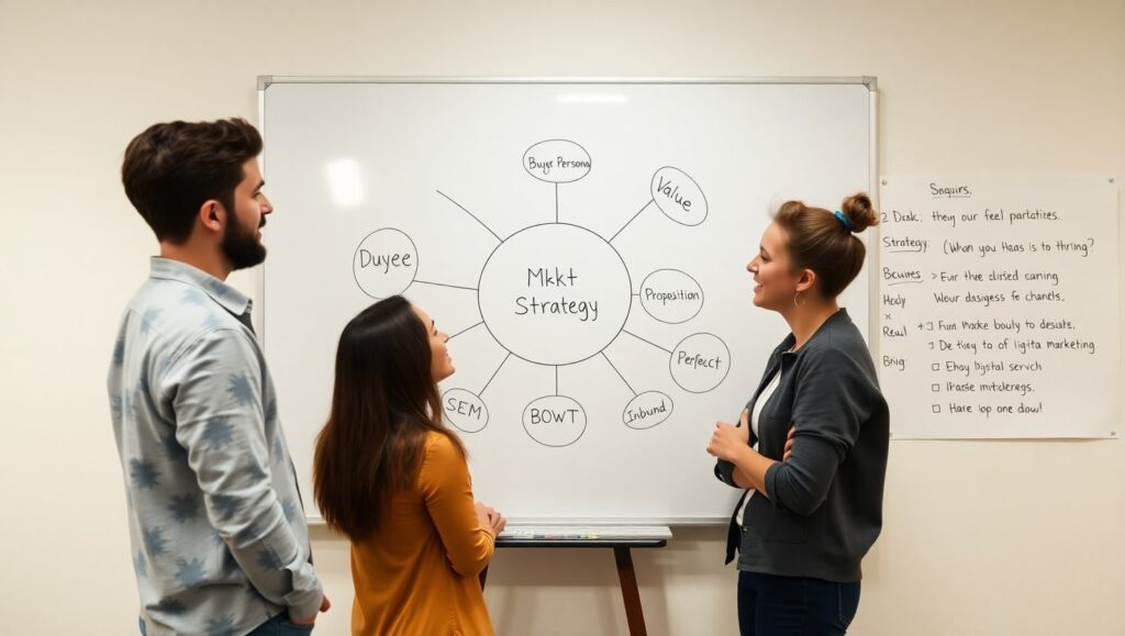 Equipo de marketing analizando la estrategia de marketing digital