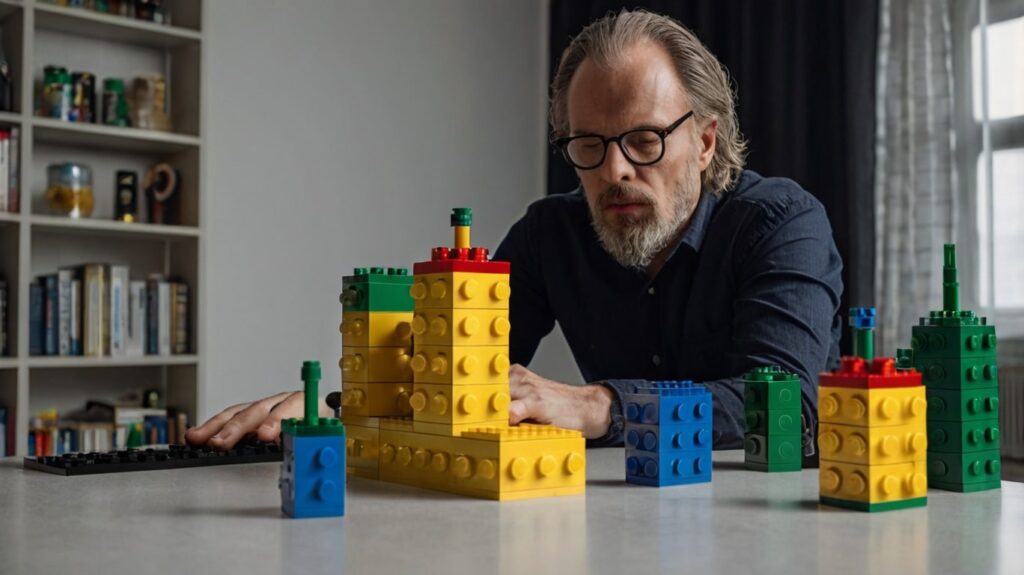 Hombre adulto armando columnas con ladrillos de lego