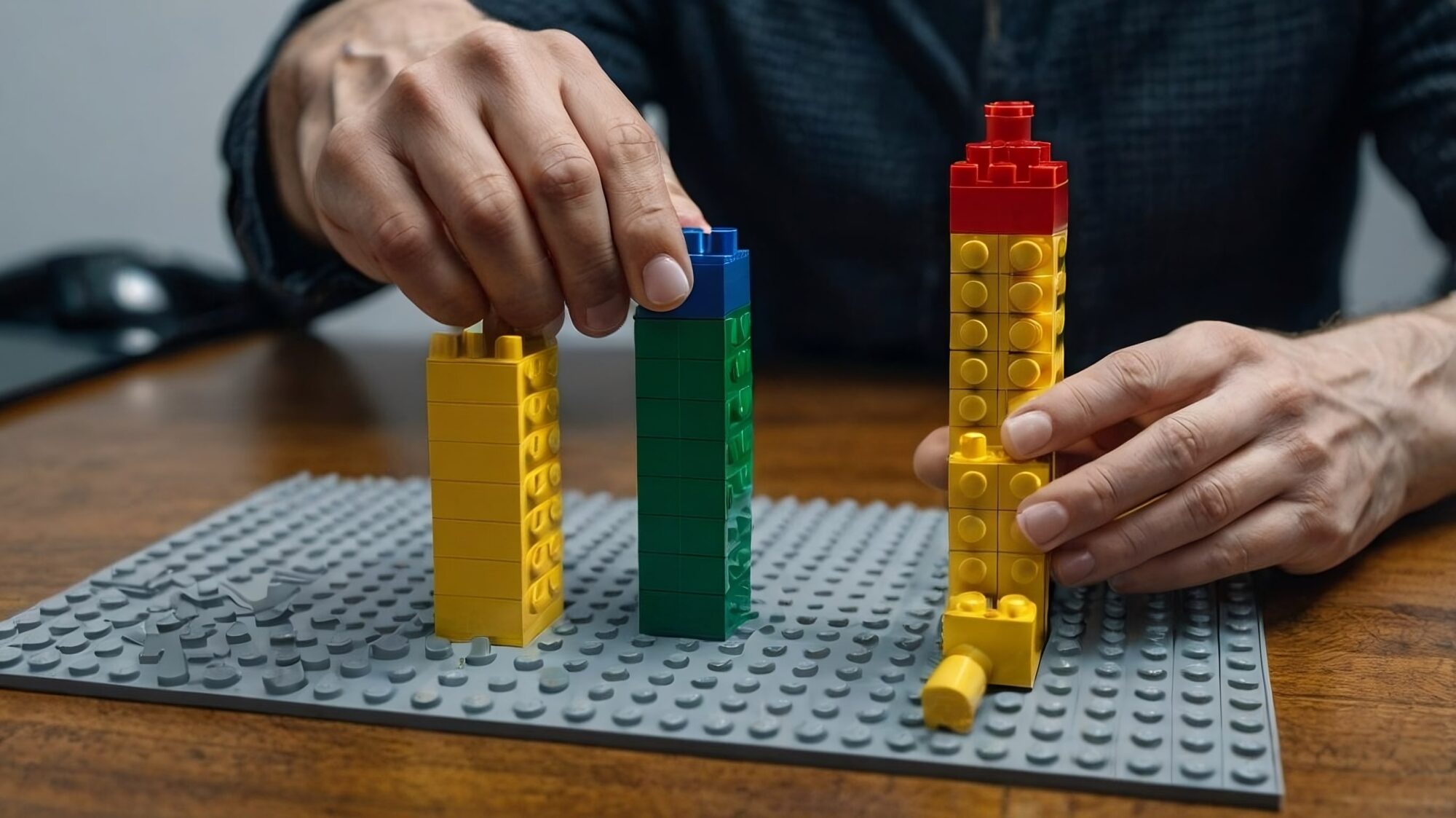 hombre armando torres de ladrillos de lego-min