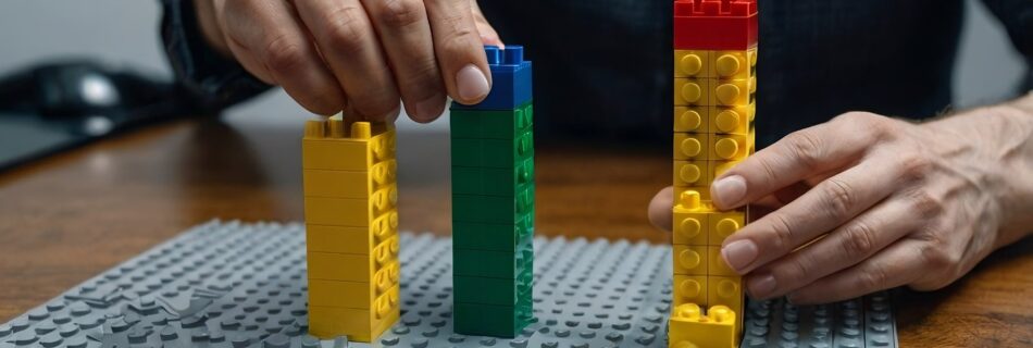 hombre armando torres de ladrillos de lego-min