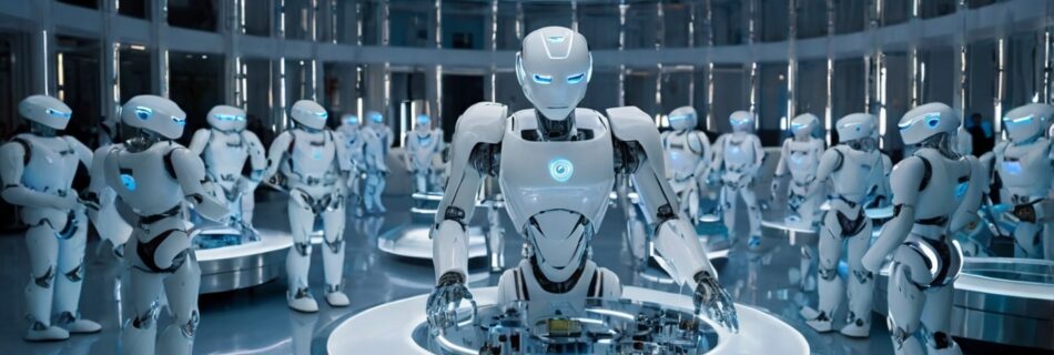 Grupo de robots de IA trabajando como agentes
