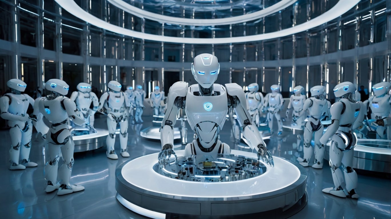 Grupo de robots de IA trabajando como agentes