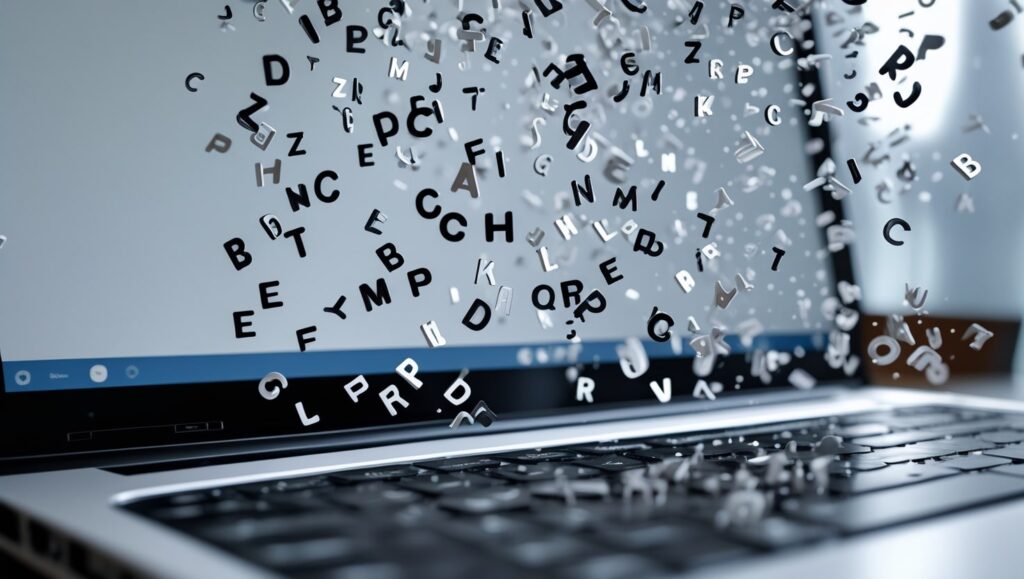 Lluvia de letras sobre una laptop representando el marketing SEO