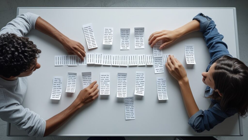 Personas ordenando frases clave sobre un tablero para armar estrategia de SEO