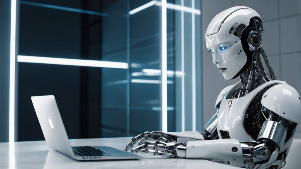 Robot agente de IA trabajando en la oficina