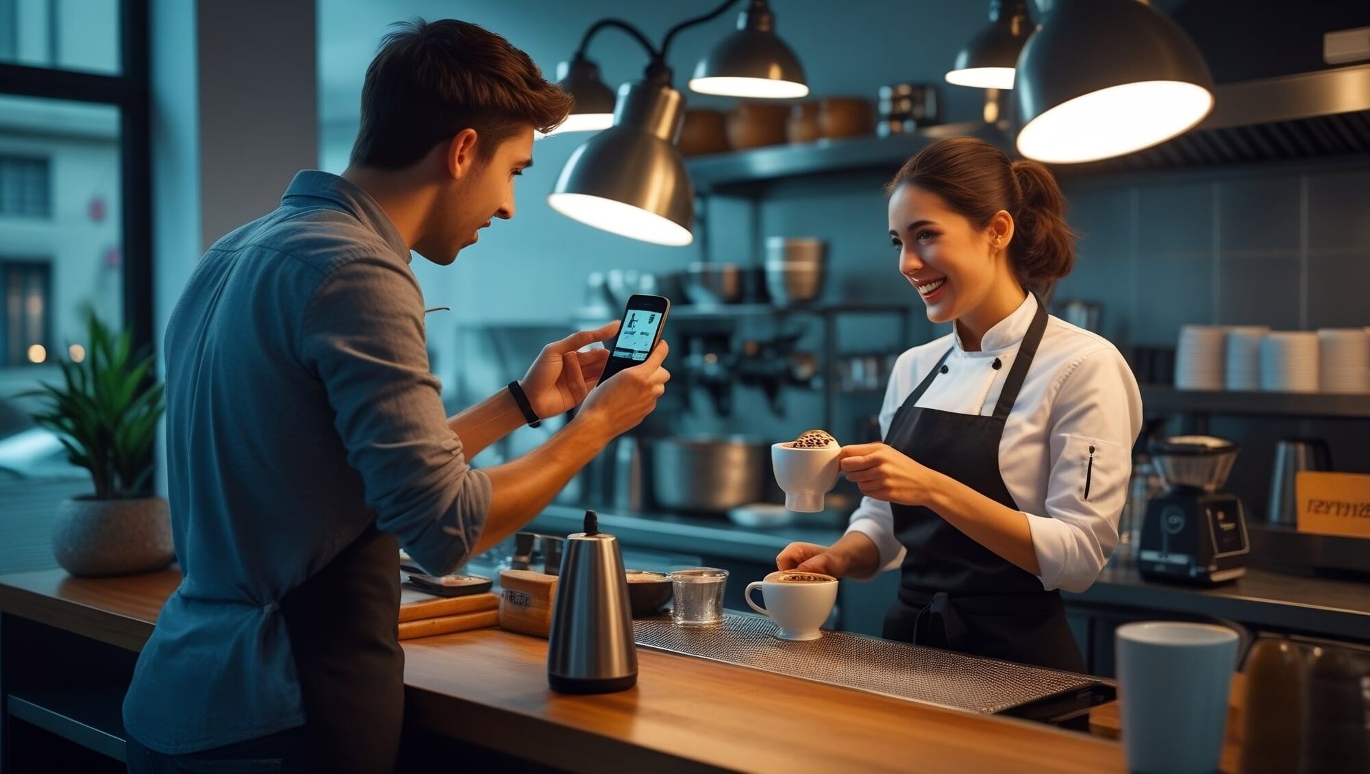 grabando a barista preparando capuchino para contenidos de redes sociales