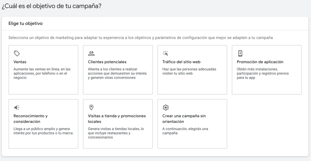 Pantalla de Google Ads para elegir el objetivo de una campaña