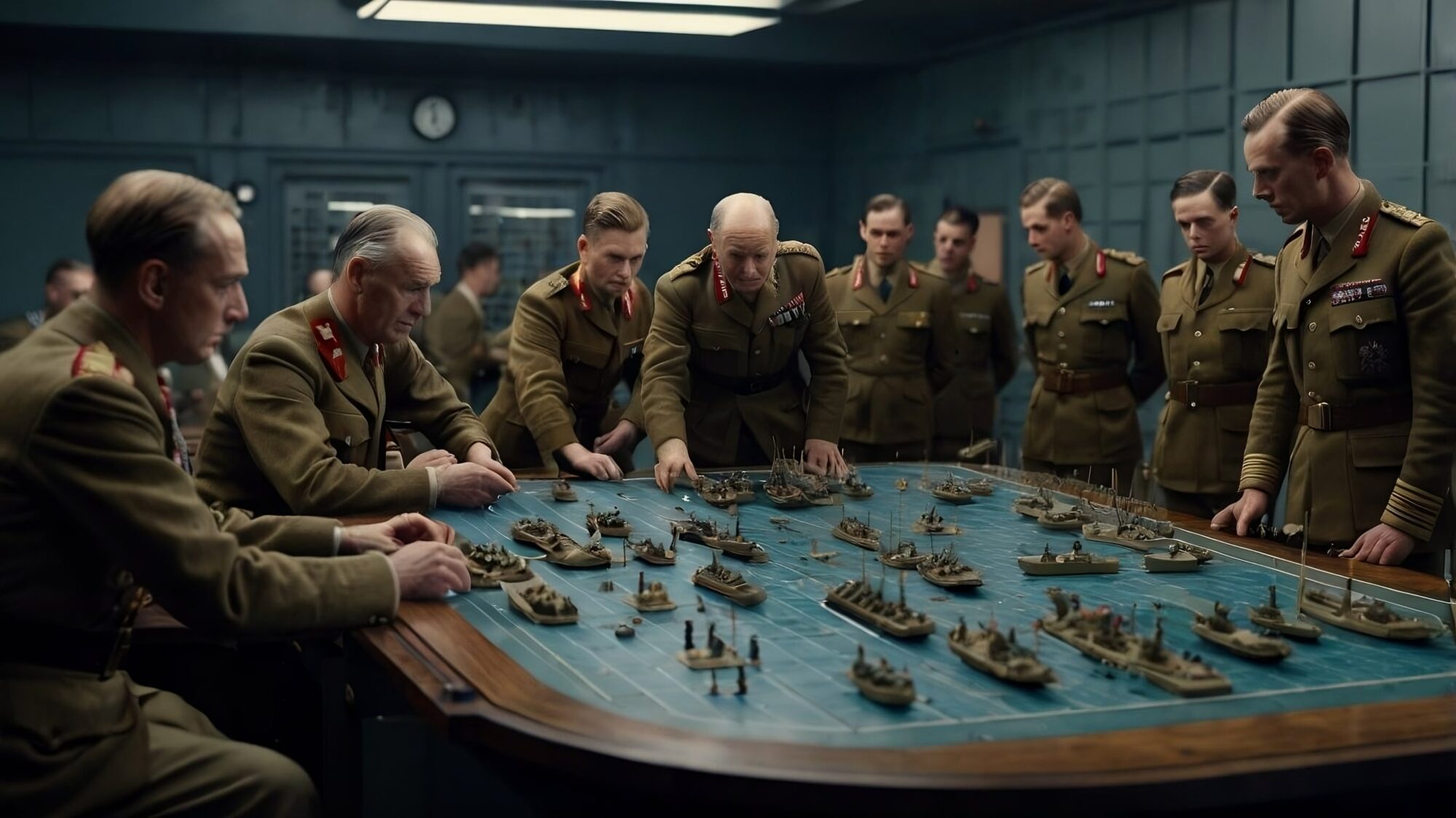 sala de guerra con barcos en miniatura planeando el proximo movimiento