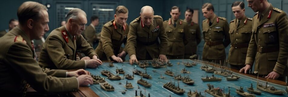 sala de guerra con barcos en miniatura planeando el proximo movimiento