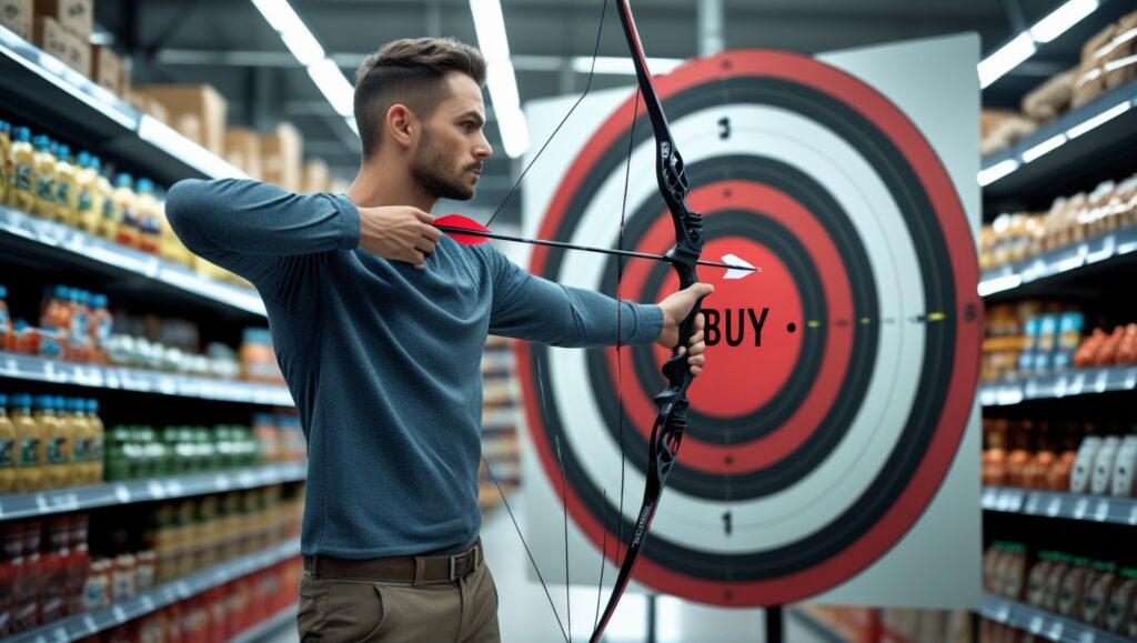 Hombre apuntando al objetivo comprar en una diana de tiro con arco