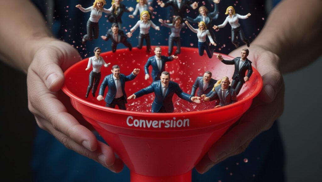 figuras de acción cayendo a un embudo para optimizado de CRO 