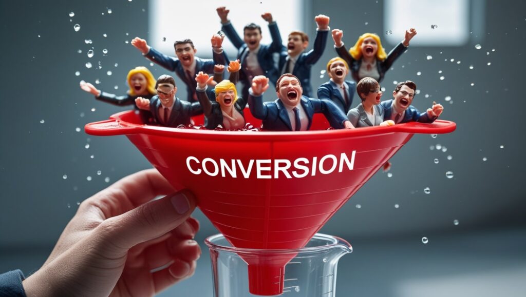 figuras de acción deslizando en un embudo para optimizado de CRO