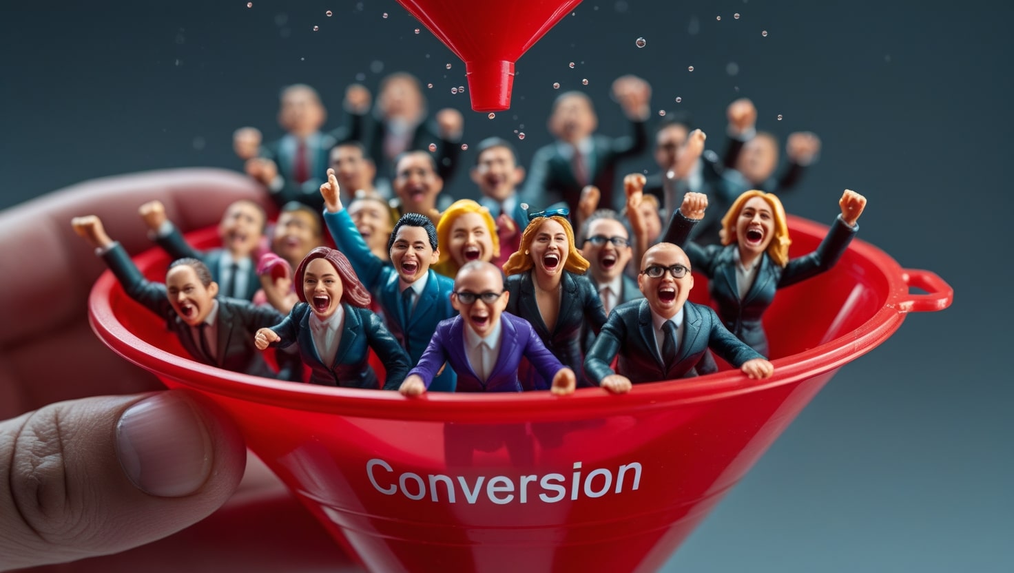 figuras de acción deslizando en un embudo para optimizado de CRO