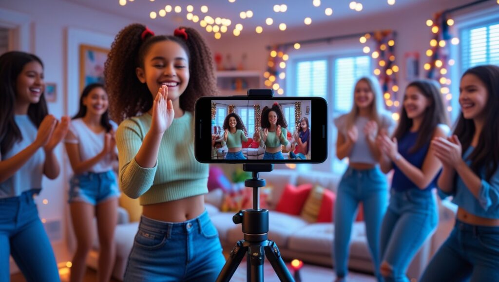 Grupo de amigas grabando bailes para TikTok