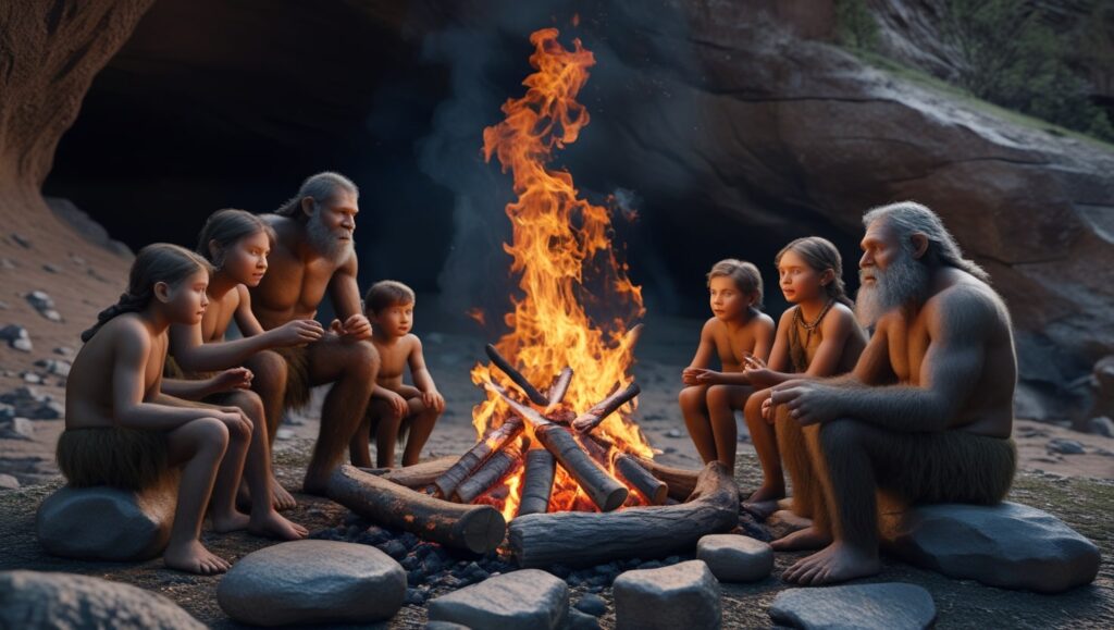 grupo de neandertales platicando alrededor de una fogata