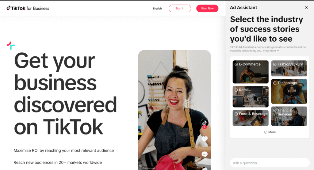 Screenshot de pantalla de inicio de TikTok Business