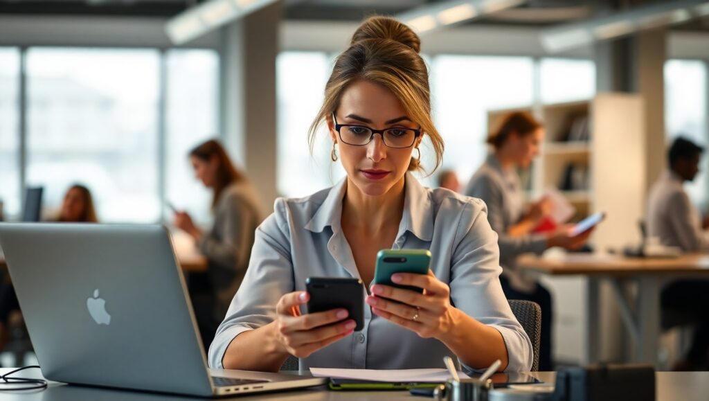 Colaboradora abrumada por llamadas en la oficina