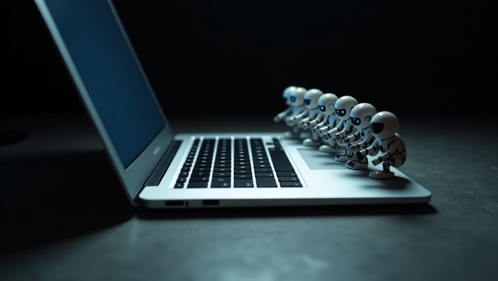 Pequeños robots brincan sobre el teclado en una laptop