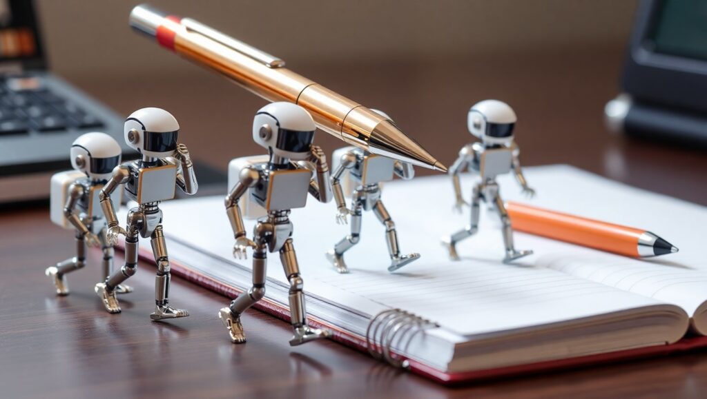 Pequeños robots de IA cargan un bolígrafo para escribir copywriting
