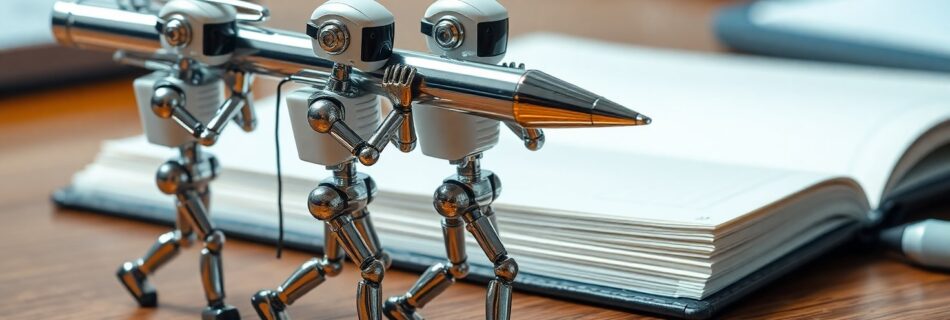 Pequeños robots de IA cargan un bolígrafo para escribir copywriting