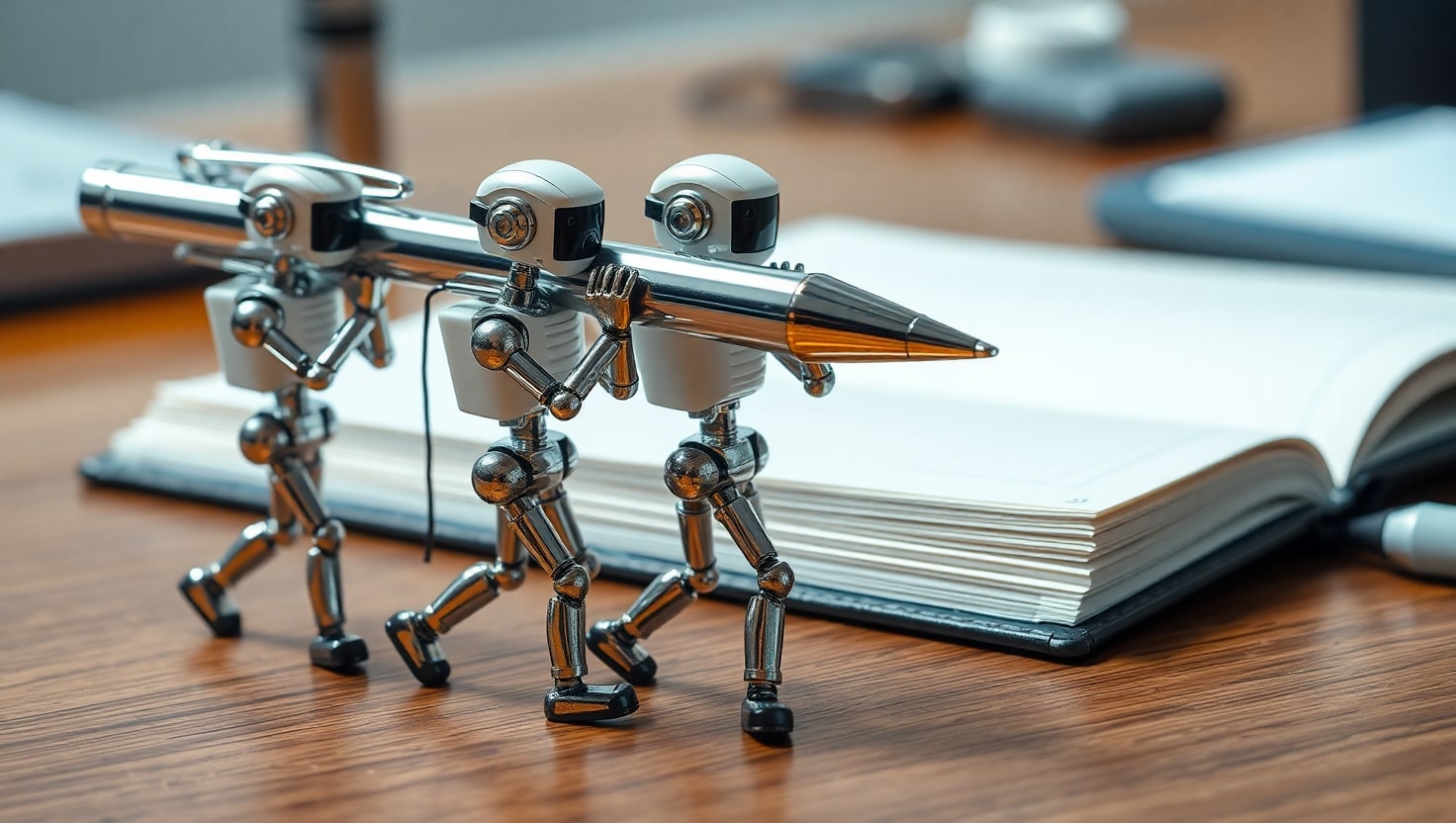 Pequeños robots de IA cargan un bolígrafo para escribir copywriting