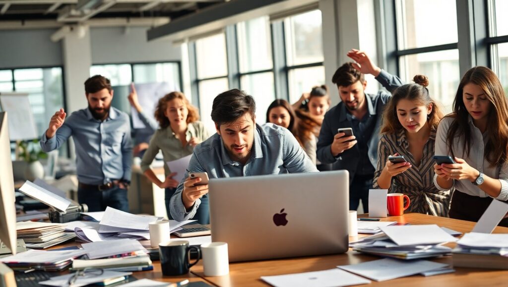 Oficina en caos trabajando contra reloj