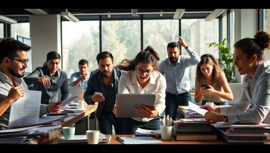 Oficina en caos trabajando contra reloj