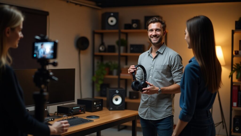 Influencers platicando antes de iniciar a grabar podcast