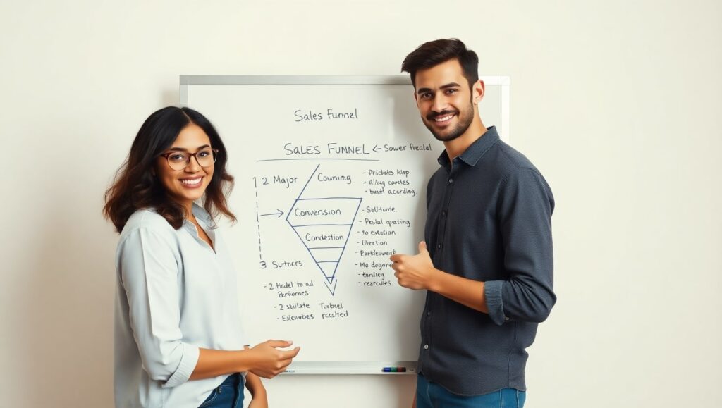 Equipo de marketing digital revisando un funnel