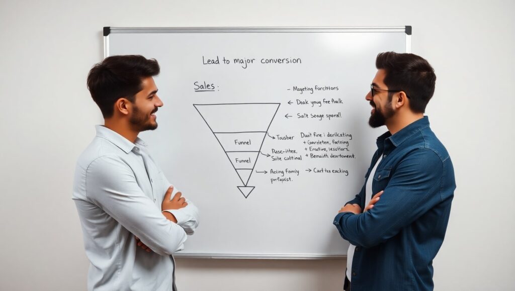 Equipo de marketing digital revisando un funnel