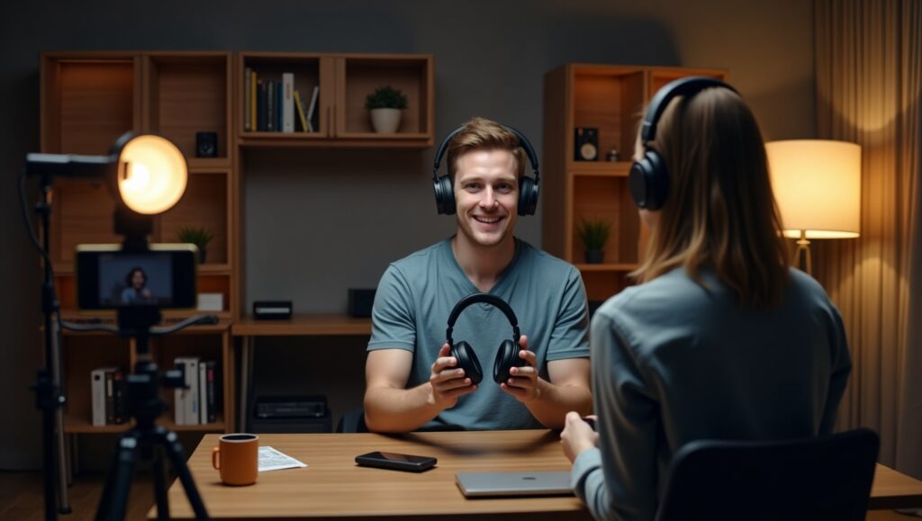 Influencer vendiendo unos audífonos en un live de redes sociales