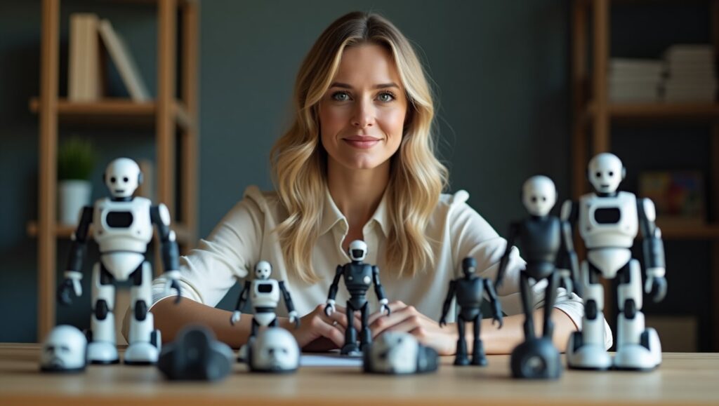 Empresaria armando pequeños robots representando diferentes GPTs para asistirla en su empresa