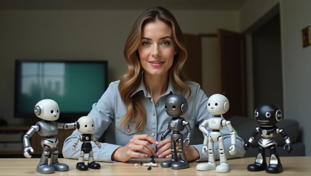 Empresaria armando pequeños robots representando diferentes GPTs para asistirla en su empresa