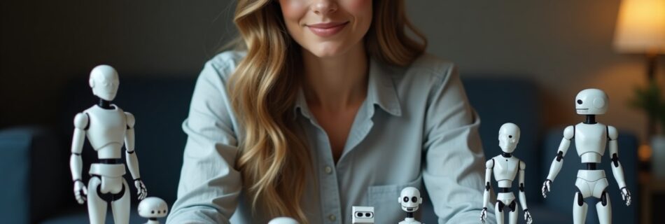 Empresaria armando pequeños robots representando diferentes GPTs para asistirla en su empresa