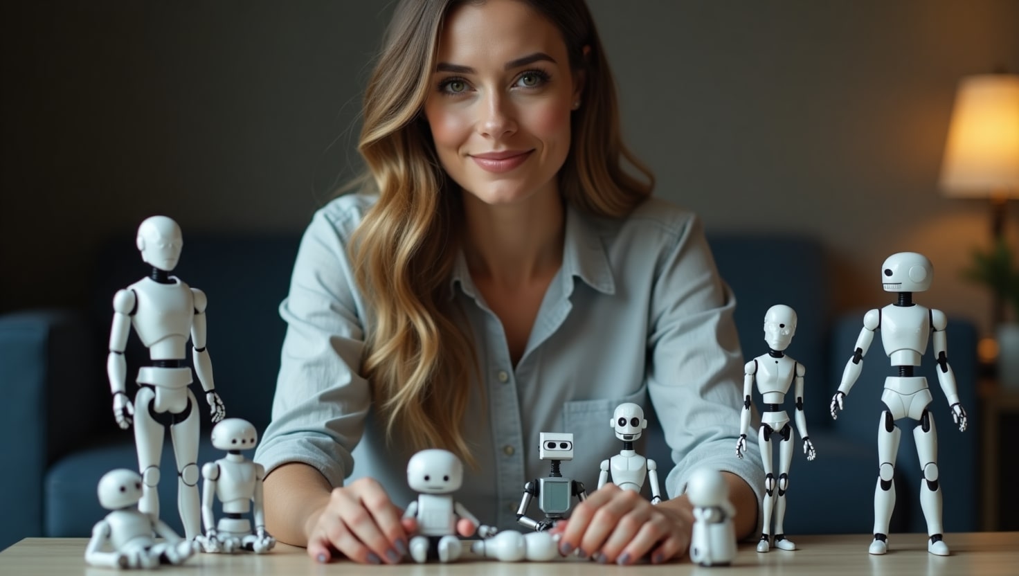 Empresaria armando pequeños robots representando diferentes GPTs para asistirla en su empresa