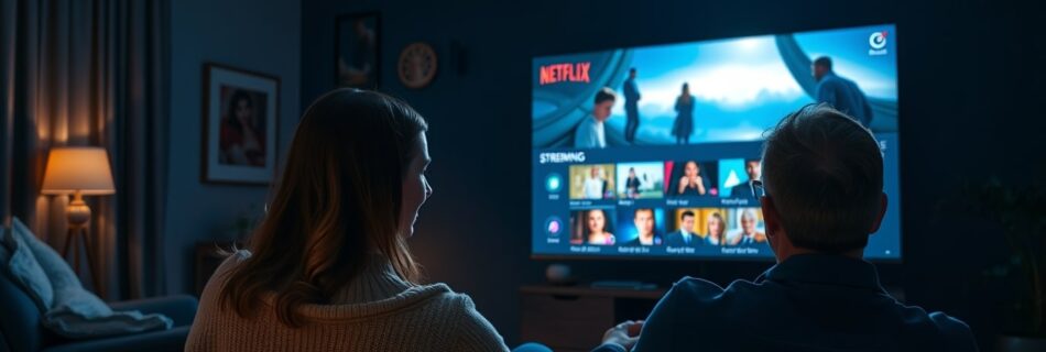 Pareja disfrutando de una serie en su casa