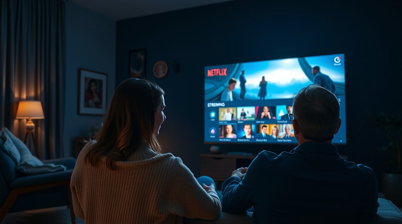 Pareja disfrutando de una serie en su casa