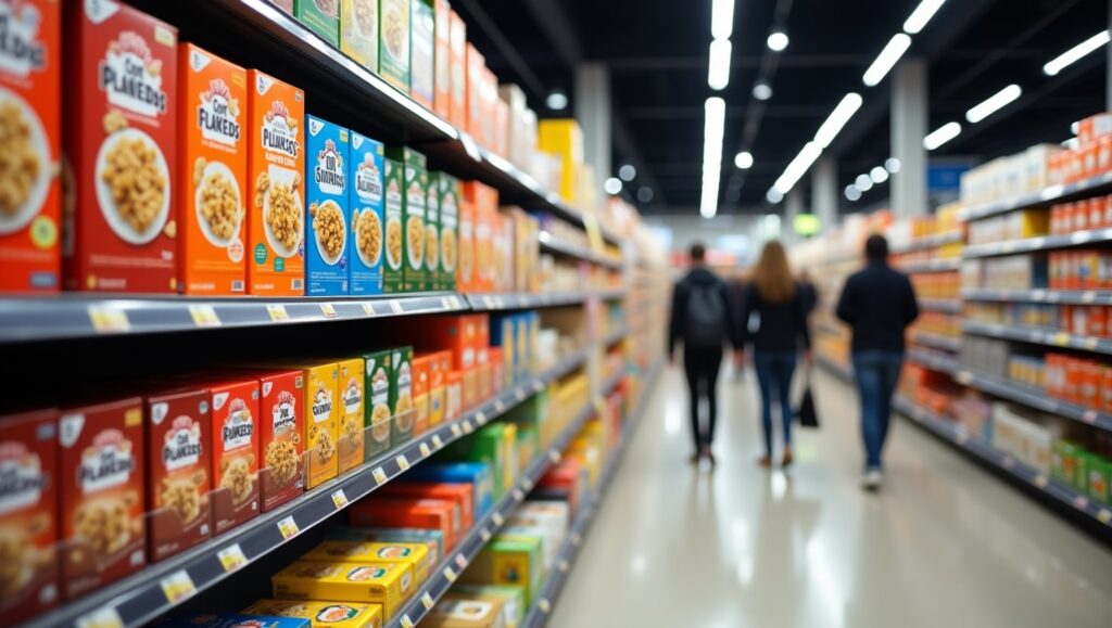 Pasillo de súper mercado con varias marcas de cereal