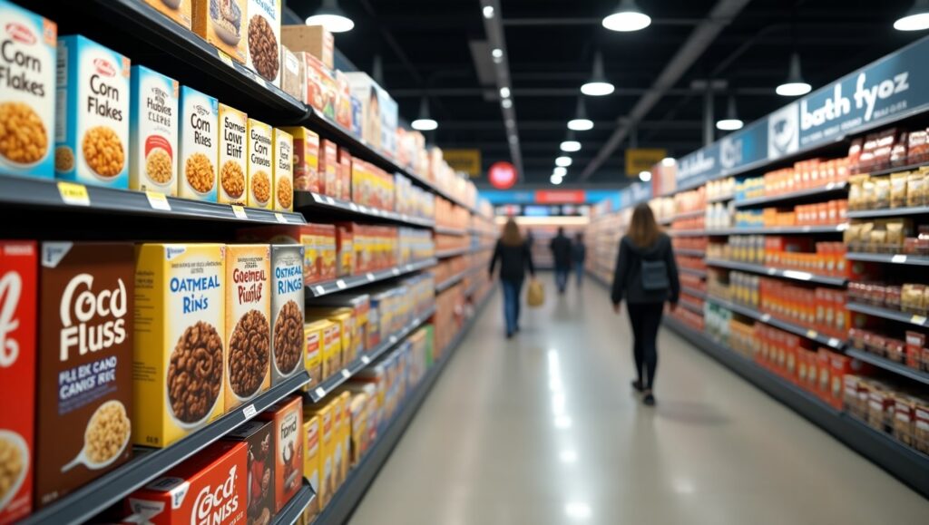 Pasillo de súper mercado con varias marcas de cereal
